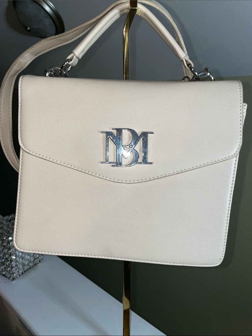 Badgley Mischka Cream Structured Top-Handle Satchel with Silver Logo